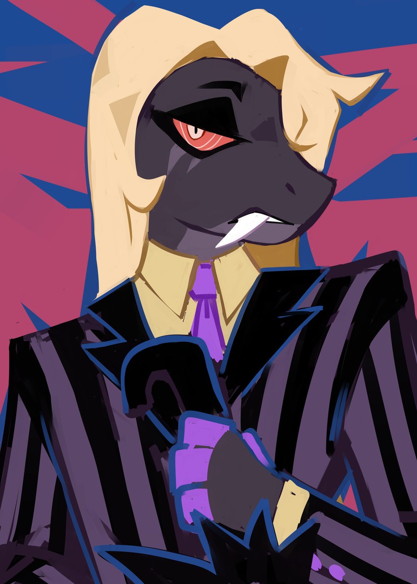 abstract_background ambiguous_gender anthro big_fangs black_clothing black_topwear blonde_hair clothed clothing fangs front_view grey_body hair looking_at_viewer narrowed_eyes necktie pattern_clothing pattern_topwear pupils purple_clothing purple_necktie purple_topwear slit_pupils solo striped_clothing striped_topwear stripes teeth topwear corzh77 reptile scalie snake absurd_res bust_portrait hi_res portrait