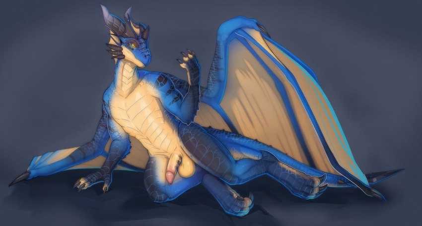 anthro black_markings blue_body cheek_spikes facial_spikes genitals half-erect horn male markings nude orange_eyes penis solo spikes spikes_(anatomy) tan_body wings essence_of_rapture blizzard_entertainment european_mythology mythology warcraft zeranthal dracthyr dragon mythological_creature mythological_scalie scalie western_dragon absurd_res alternate_version_at_source hi_res smaller_version_at_source