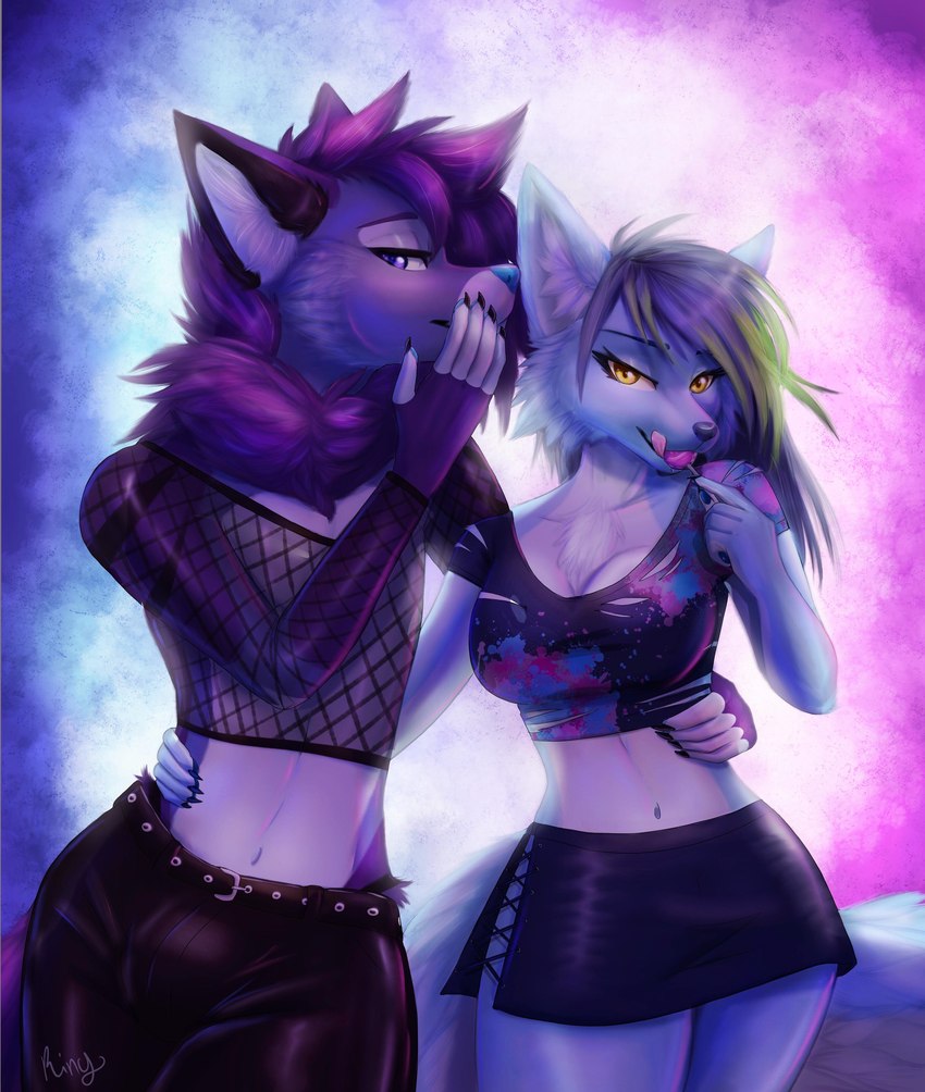 anthro athletic bedroom_eyes big_breasts blue_body blue_fur bottomwear breasts candy clothing crop_top dessert duo female femboy fishnet_clothing food fur latex latex_clothing licking licking_lips licking_lollipop licking_own_lips lollipop looking_at_viewer male male/female narrowed_eyes navel nightclub purple_body purple_fur seducing_viewer seductive shirt simple_background skirt tongue tongue_out topwear whispering ringstudios blberrylicious canid canine fox mammal absurd_res hi_res