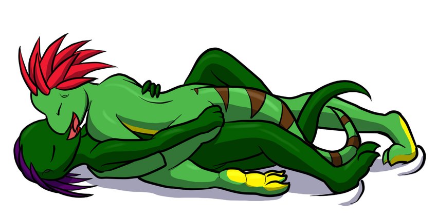 3_claws 3_fingers 3_toes anthro brown_stripes claws dark_body dark_scales duo entwined_legs eyes_closed feet female female/female female_on_bottom female_on_top fingers from_front_position green_body green_scales hair hug kissing lying making_out markings obscured_genitals obscured_sex obscured_tribadism obscured_vaginal on_back on_bottom on_top purple_hair red_hair scales sex side_view simple_background striped_markings striped_tail stripes tail tail_markings toes tribadism vaginal white_background nx-42 concession angela_jansen thonnen_turunen dinosaur lizard prehistoric_species reptile scalie 2011 2:1 cousins_(lore) incest_(lore)