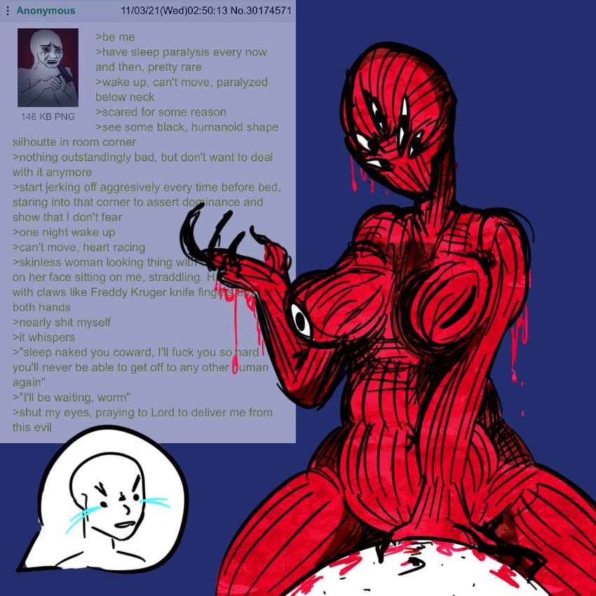 blood bodily_fluids body_horror claws cowgirl_position duo eye_nipples female from_front_position humor joke male male/female monster_girl_(genre) on_bottom on_top profanity scary sex shitpost sleep_paralysis text mevka_(artist) wojak demon eldritch_abomination human humanoid mammal monster monstrous_humanoid sleep_paralysis_demon 1:1 english_text meme