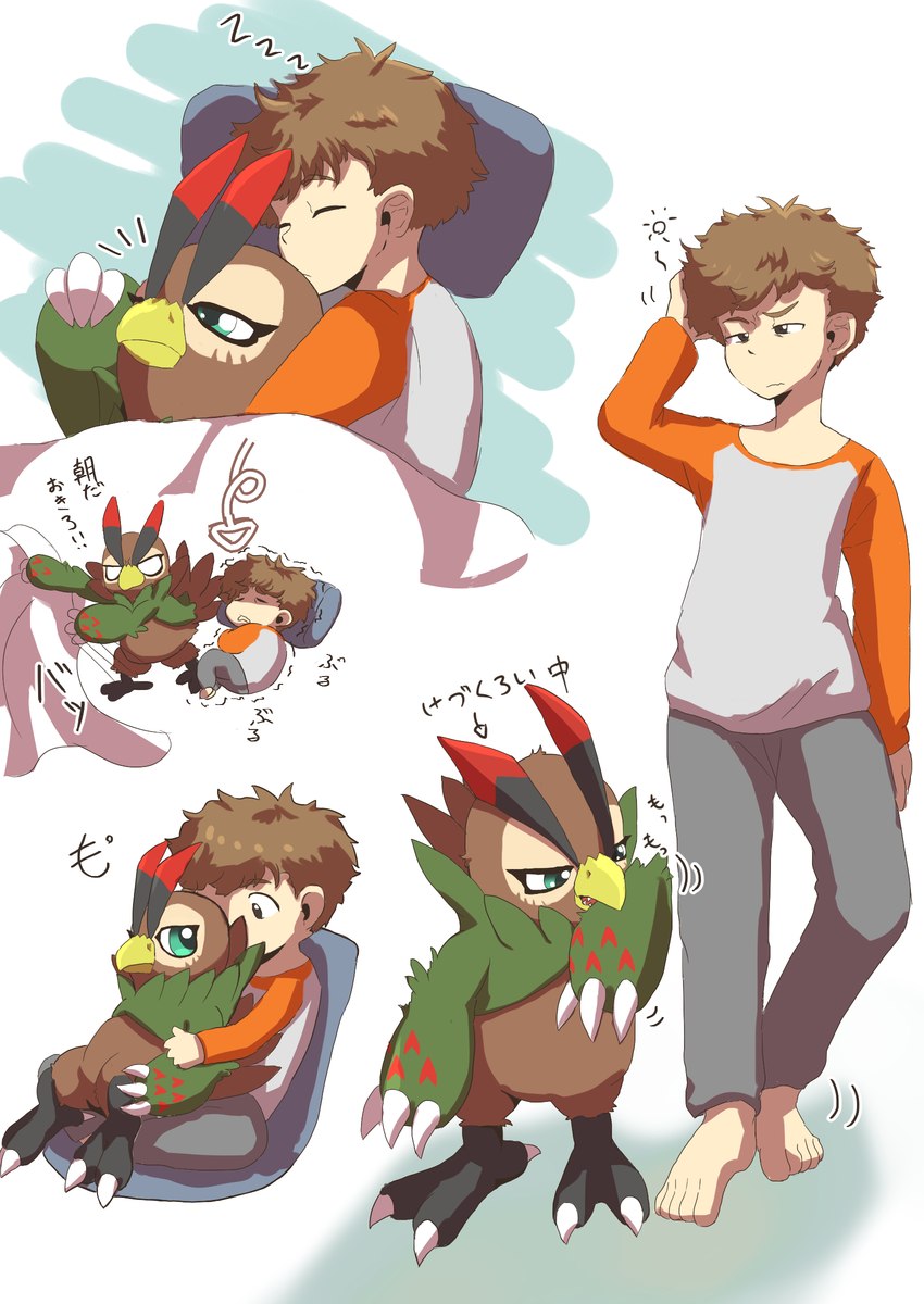 anthro beak bed bedding blanket blue_eyes brown_body brown_feathers brown_hair cuddling duo feathers furniture hair hug hugging_another hugging_from_behind male sleeping text mofumi_corvus bandai_namco digimon digimon_survive falcomon_(survive) minoru_hyuga avian bird digimon_(species) falcomon human mammal absurd_res hi_res japanese_text