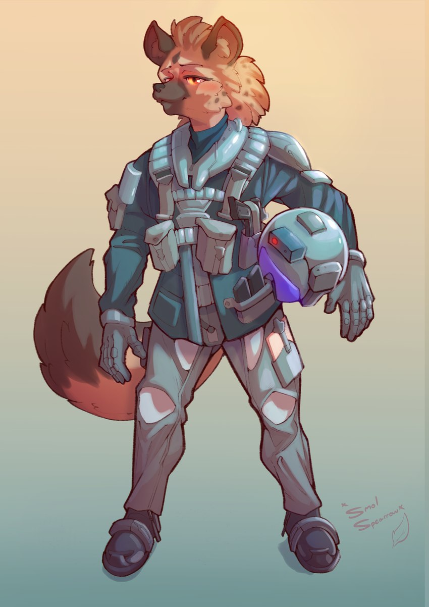 male mech_suit pilot solo tactical_gear smolspearrow hyena mammal absurd_res hi_res shaded soft_shading