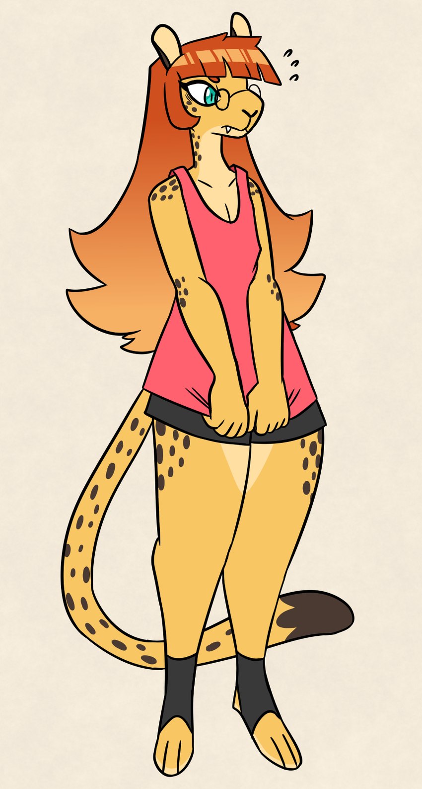 anthro bangs blue_eyes bodily_fluids bottomwear breasts cleavage clothed clothing dipstick_tail eyewear fangs female fur glasses hair long_hair long_tail markings orange_hair shorts small_breasts small_glasses solo spots spotted_markings sweat sweatdrop tail tail_markings teeth thick_thighs yellow_body yellow_fur nerdyreindeer felid leopard mammal pantherine hi_res