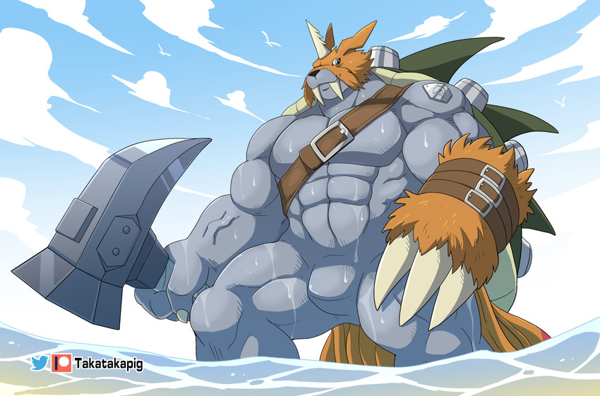 abs anthro biceps claws grey_body hammer horn looking_at_viewer male mask muscular muscular_anthro muscular_male pecs shell smile solo tools tusks wet takataka bandai_namco digimon digimon_(species) mammal zudomon