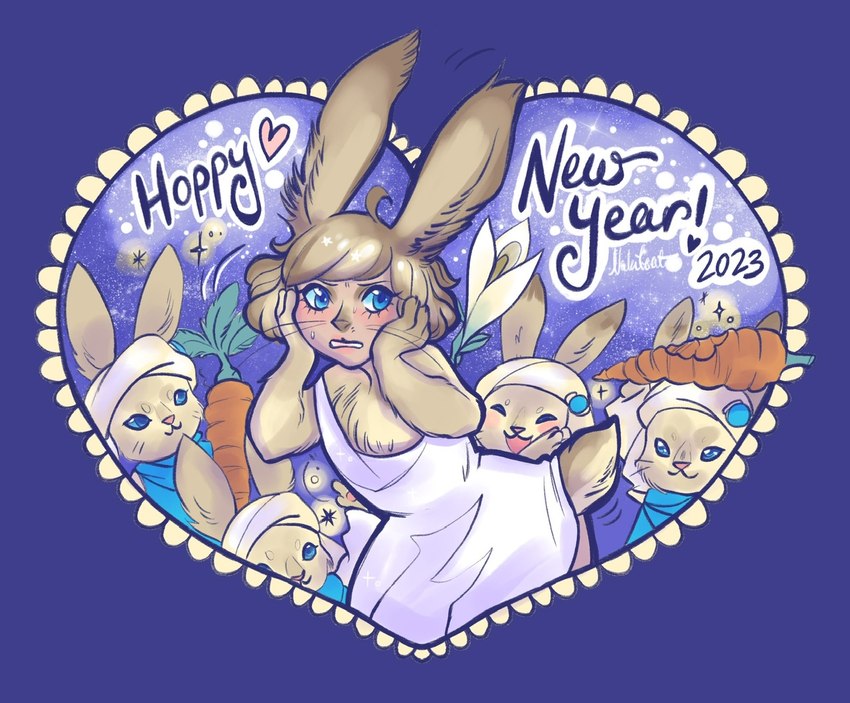 ambiguous_gender anthro blue_eyes brown_body brown_fur carrot clothing dress female food fur group hair heart_symbol plant simple_background surprise text transformation vegetable whiskers white_clothing white_dress nakitacat final_fantasy final_fantasy_xiv final_fantasy_xiv:_endwalker new_year_2023 square_enix loporrit 2023 digital_media_(artwork) english_text