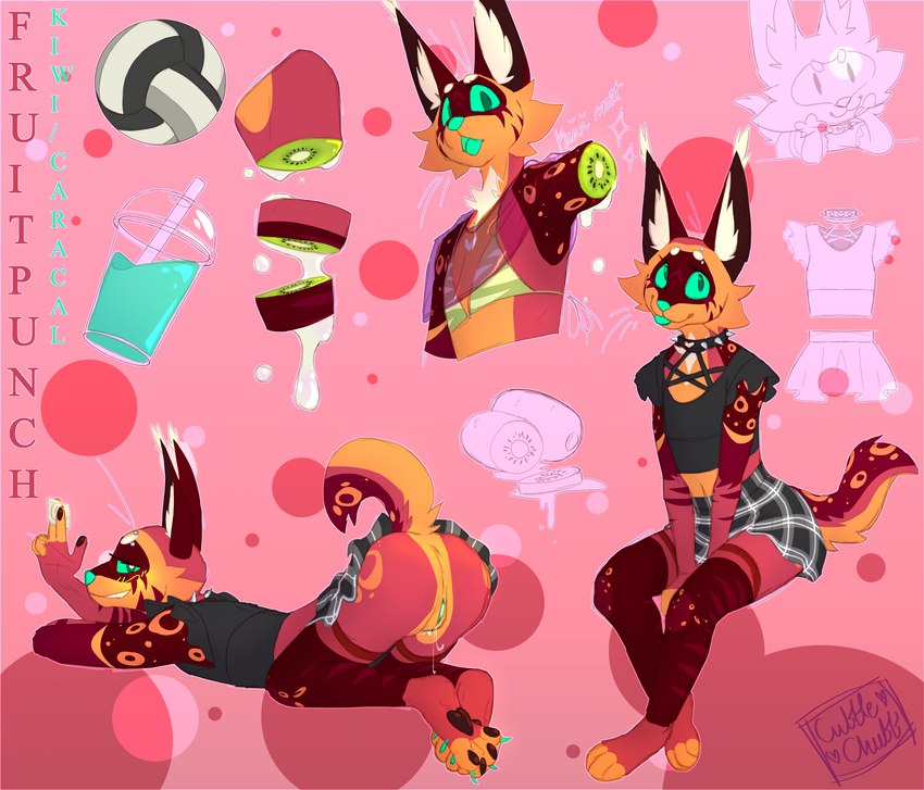 abstract_background anthro anus beverage blep bodily_fluids bottomwear butt candy_blood candy_gore clothed clothing collar condom eyelashes female flat_chested food fruit fruit_gore fur fur_markings furgonomics genital_fluids genitals gore kiwifruit legwear looking_at_viewer markings multiple_poses no_underwear plant pose presenting presenting_hindquarters presenting_pussy pussy sassy sexual_barrier_device skirt smile solo spiked_collar spikes spots spotted_markings tail tail_through_skirt teal_pussy teal_sclera teal_tongue text thigh_highs tongue tongue_out vaginal_fluids conditional_dnp cubble_chubb fruit_punch_(cubble_chubb) caracal caracal_(genus) domestic_cat elemental_creature felid feline felis flora_fauna food_creature living_fruit mammal absurd_res english_text hi_res signature