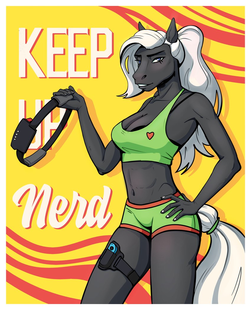 abs anthro big_breasts black_body border bottomwear breasts clothed clothing controller female fingers game_controller hair holding_object looking_at_viewer nintendo_controller shorts simple_background smile solo sportswear teeth text topwear uniform white_border white_hair jakeseeker nintendo nintendo_switch ring_fit_adventure equid equine horse mammal absurd_res digital_media_(artwork) english_text hi_res