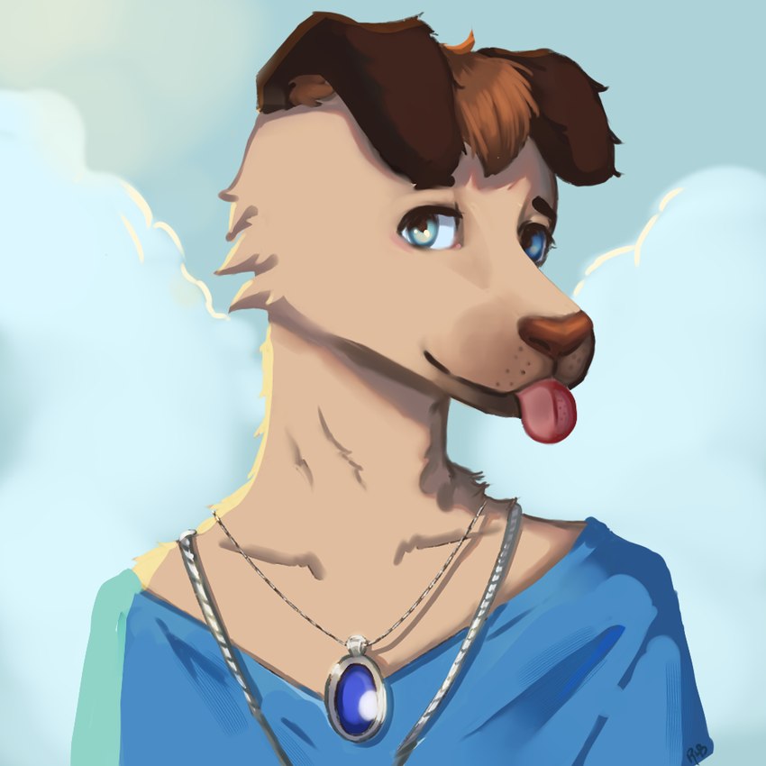 anthro blue_clothing blue_eyes blue_shirt blue_topwear brown_body brown_eyebrows brown_fur brown_hair brown_nose cheek_tuft closed_smile clothed clothed_anthro clothed_male clothing cloud day eyebrows facial_tuft floppy_ears fur gem hair jewelry male mouth_closed necklace outside pink_tongue sapphire_(gem) shirt short_hair sky smile solo tongue tongue_out topwear tuft whisker_spots releasethebuns canid canine canis domestic_dog mammal 1:1 2024 colored digital_media_(artwork) digital_painting_(artwork) lineless shaded