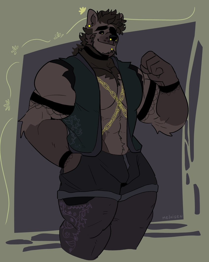 abstract_background anthro black_nose black_sclera bottomwear brown_body brown_fur bulge chain chain_leash clothing fist fur hand_in_pocket leash male muscular muscular_anthro muscular_male pecs pockets shorts solo standing three-quarter_view melaisen canid canine mammal 2022 4:5 absurd_res digital_drawing_(artwork) digital_media_(artwork) hi_res portrait three-quarter_portrait