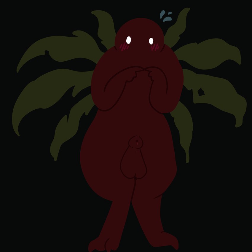 animal_genitalia anthro balls blush blush_lines bodily_fluids digitigrade embarrassed fully_sheathed genital_fluids genitals glowing glowing_eyes leaf leaves_on_body male precum red_body sheath shy solo erinthebat lethal_company bracken_(lethal_company) 1:1 absurd_res hi_res