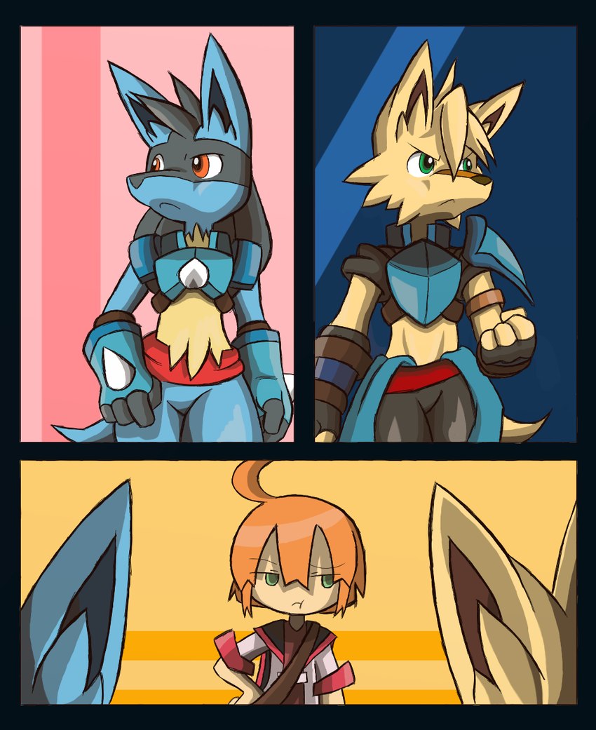 anthro armor clothing crop_top male midriff shirt side_mouth topwear dahecksajerry atlus etrian_odyssey nintendo pokemon sega generation_4_pokemon human lucario mammal pokemon_(species) hi_res