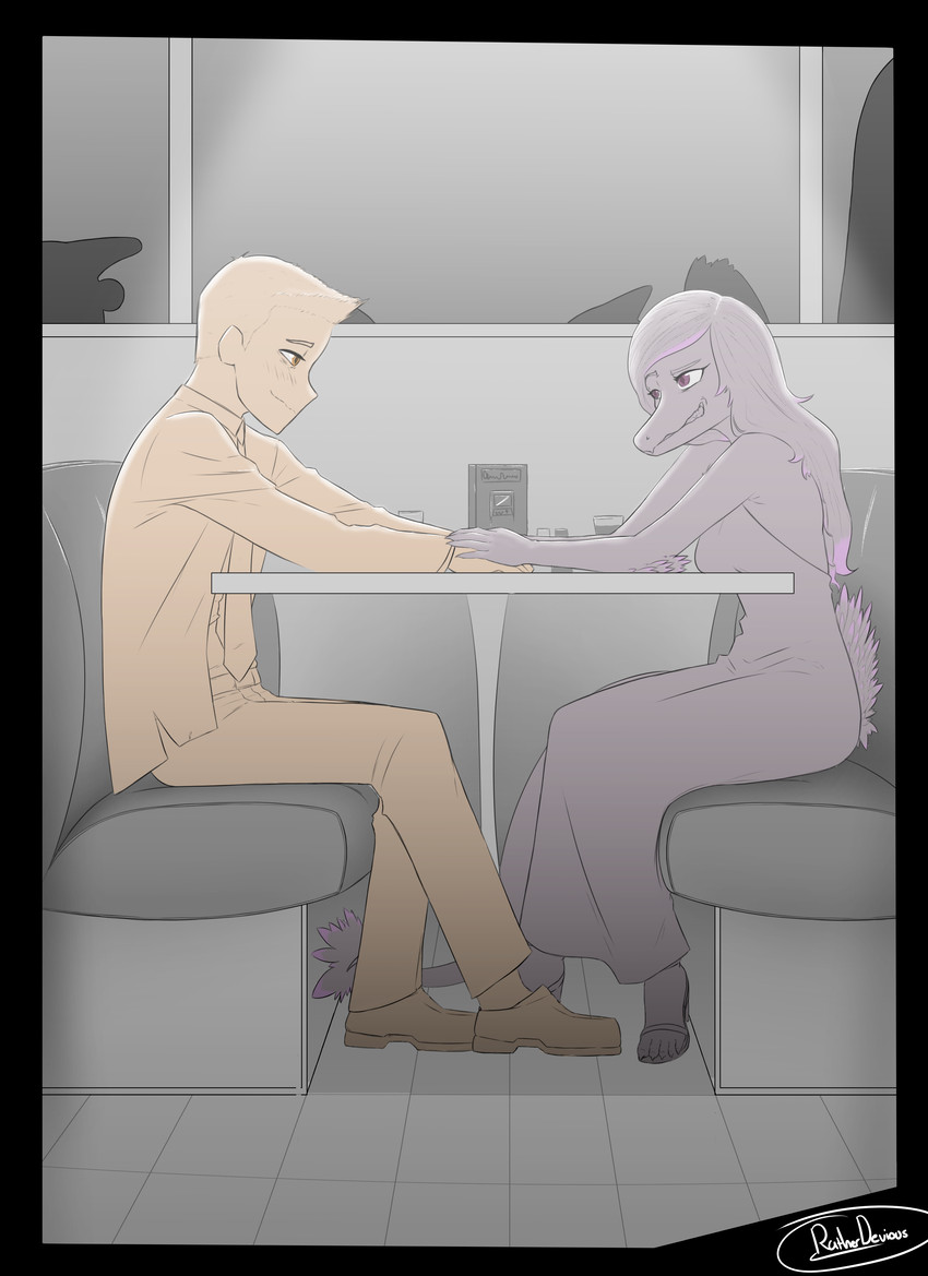 5_fingers 5_toes anthro black_border blush blush_lines border claws clothing date dress duo elbow_feathers eyelashes feathers feet female finger_claws fingers footwear hair hand_holding high_heels human_on_anthro inside interspecies long_hair male necktie restaurant shoes short_hair smile snout text toes ratherdevious cavemanon_studios snoot_game iris_(snoot_game) lur_(snoot_game) atrociraptor dinosaur dromaeosaurid feathered_dinosaur feathered_scalie human mammal prehistoric_species reptile saurischian scalie theropod 2025 absurd_res artist_name hi_res monochrome watermark