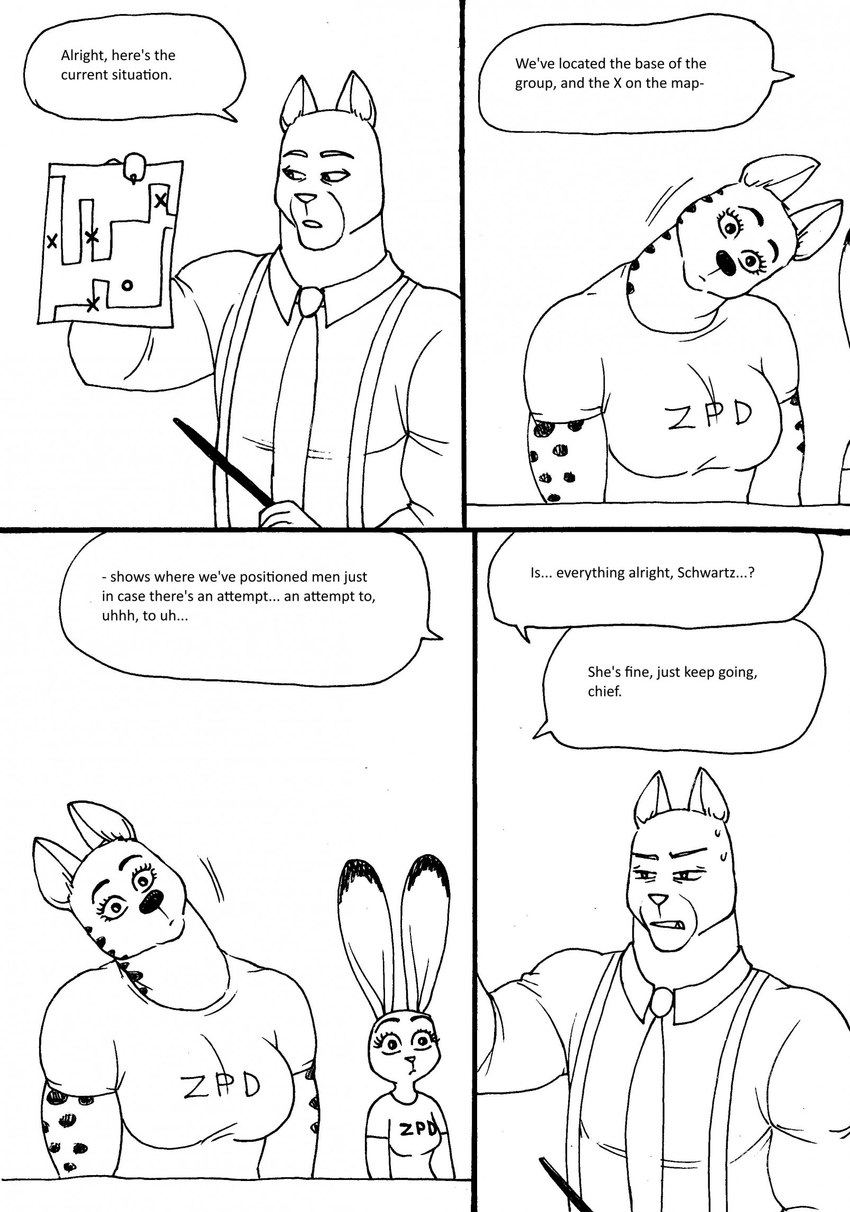 anthro bodily_fluids breasts clothed clothing diagram dialogue female group head_tilt male necktie speech_bubble suspenders sweat text trio bernielover blacksad disney zootopia becca_(bernielover) fan_character john_blacksad judy_hopps domestic_cat european_rabbit felid feline felis hyena lagomorph leporid mammal oryctolagus rabbit spotted_hyena 2023 comic english_text hi_res monochrome