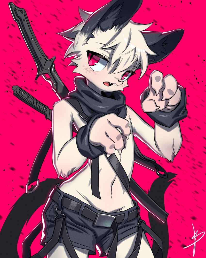 abstract_background anthro belt blush bottomwear cheek_tuft claws clothed clothing crotch_lines facial_tuft femboy front_view fur hair hotpants kerchief looking_at_viewer low-riding male male_anthro melee_weapon minishorts neckerchief neckwear open_mouth paw_pose pink_background pink_eyes pose pupils shorts simple_background skimpy slit_pupils solo standing sword sword_on_back tan_body tan_fur tan_hair topless topless_anthro topless_male tuft weapon wristband young young_anthro young_male blaedic reggie_(lazycatto) domestic_cat felid feline felis mammal 2023 absurd_res hi_res portrait three-quarter_portrait