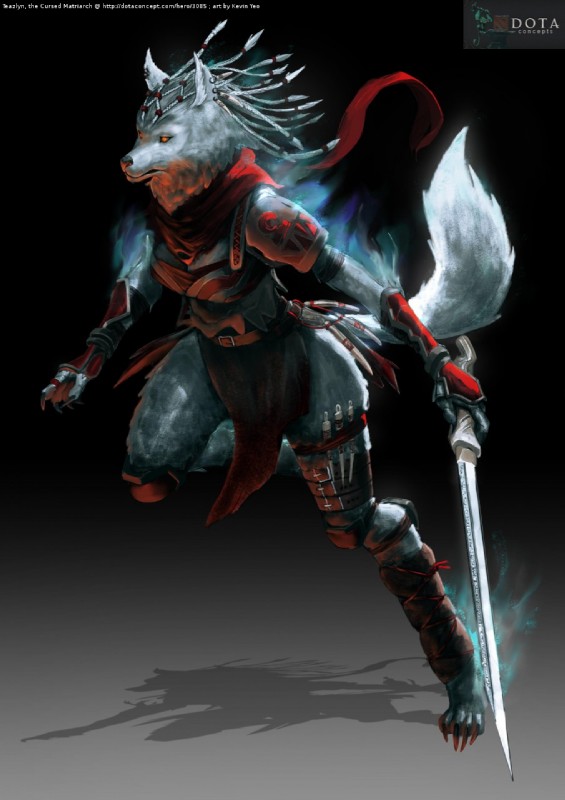 accessory action_pose anthro armor beads black_background black_nose bone bottomwear braided_hair breasts claws clothed clothing digitigrade ear_piercing eyeliner female fluffy fluffy_tail front_view fully_clothed fur gauntlets gloves glowing glowing_eyes grey_body grey_fur hair hair_accessory hair_beads handwear knee_pads leather leather_armor logo loincloth makeup mane melee_weapon orange_eyes piercing poleyn pose raised_leg runes running scarf seax shadow shoulder_guards simple_background small_breasts solo spikes sword tail text toe_claws tribal weapon winingas kevin_yeo dota valve fan_character teazlyn canid canine canis mammal vhoul wolf 2017 detailed digital_media_(artwork) hi_res shaded url