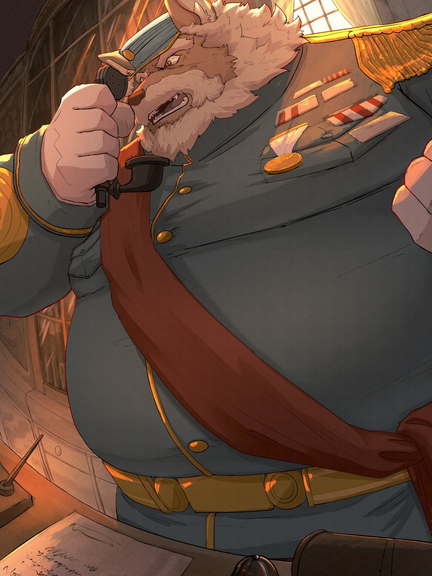 anthro beard belly brown_body brown_fur clothing electronics facial_hair fur gloves hair handwear male mature_male military_uniform mustache overweight phone solo uniform white_hair 0_7us cyberconnect2 fuga:_melodies_of_steel little_tail_bronx commander_merlot canid canine caninu canis domestic_dog mammal 3:4 hi_res