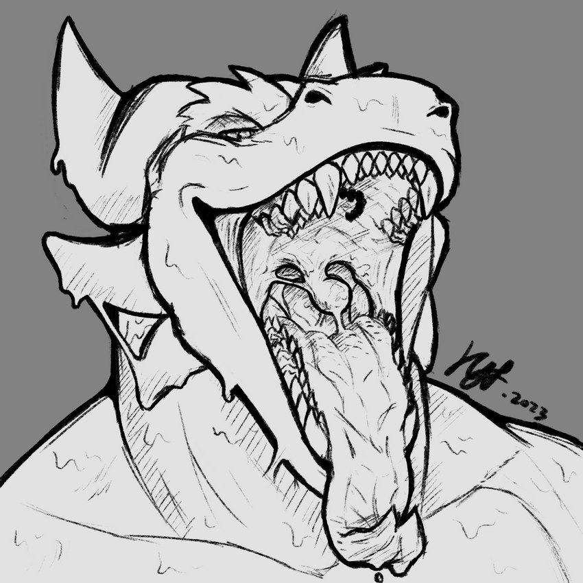 anthro anthro_pred bodily_fluids detailed_mouth drooling drooling_tongue esophagus fangs goo_drip horn imminent_oral_vore imminent_vore larger_pred looking_at_viewer male male_pred mouth_shot muscular muscular_anthro muscular_male neck_muscles open_mouth saliva saliva_on_tongue saliva_string sharp_teeth simple_background size_difference slime smile solo spikes spikes_(anatomy) teasing teeth throat tongue tongue_out uvula thergderg mythology devourer_(razor_koopa) dragon goo_creature goo_dragon mythological_creature mythological_scalie scalie 1:1 digital_media_(artwork) hi_res monochrome sketch