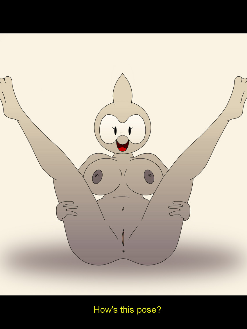 3_toes alternate_species anus big_breasts black_bars breast_implants breasts butt dialogue feet female genitals grey_body grey_nipples grey_skin humanoidized legs_up nipples not_furry pokemorph pussy simple_background smile smiling_at_viewer solo spread_legs spreading text toes yellow_text sirserial3.0 game_freak nintendo pokemon castform generation_3_pokemon humanoid normal_castform pokemon_(species) digital_drawing_(artwork) digital_media_(artwork) english_text hi_res letterbox