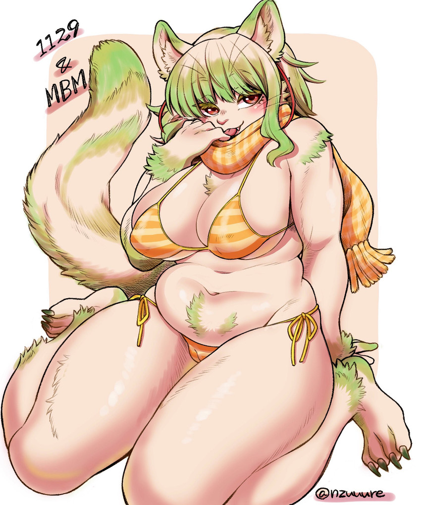 anthro big_breasts bikini breasts camel_toe clothing female green_hair hair side-tie_bikini side-tie_clothing side-tie_swimwear slightly_chubby solo string_bikini swimwear two-piece_swimsuit nzuuure domestic_cat felid feline felis mammal hi_res