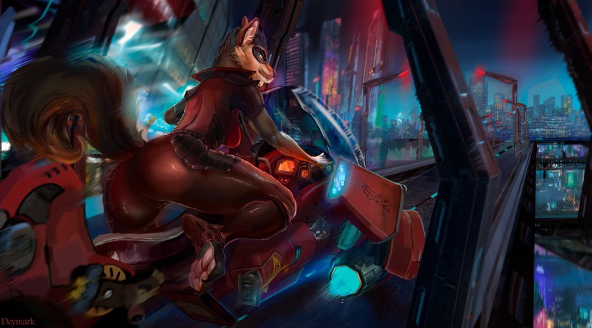 anthro biker butt city city_background cityscape cyberpunk female freeway highway mask motorcycle night pawpads paws solo speed_lines vehicle vigilante deymark legend_of_ahya murana_wolford_(darkflame-wolf) canid canine canis mammal wolf hi_res