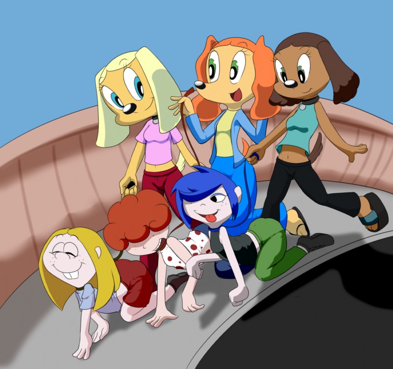 anthro blonde_hair blue_eyes blue_hair breasts brown_body brown_fur clothing female fur green_eyes group hair red_hair role_reversal tongue tongue_out killy00 brandy_and_mr._whiskers cartoon_network disney ed_edd_n_eddy brandy_harrington lee_kanker marie_kanker may_kanker sandy_carington tiffany_turlington canid canine canis domestic_dog human mammal hi_res