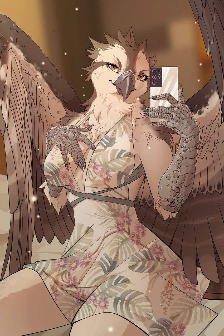 anthro beak biped breasts cellphone clothed clothing dress electronics feathered_wings feathers feet female hand_on_breast looking_at_viewer phone selfie smartphone solo talons toes wings lynjox kwaza_(ozawk) avian bird 2023 digital_media_(artwork) hi_res