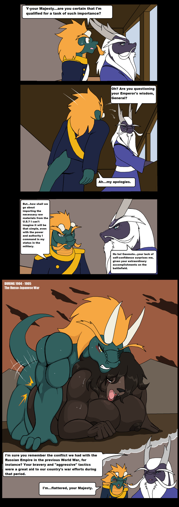 anthro asian_clothing beard big_breasts blue_eyes blush bodily_fluids breasts brown_body brown_eyes brown_fur brown_hair building clothing cloud dialogue duo east_asian_clothing eyeliner facial_hair fangs female flashback fur green_body green_scales hair horn japan japanese_clothing japanese_empire lipstick makeup male male/female military_uniform mountain mountain_background mustache nipples orange_hair orange_sky purple_body purple_scales questionable_consent russo-japanese_war scales simple_background sky speech_bubble sweat teeth text thrusting tongue tongue_out uniform white_hair yellow_eyes droll3 mythology anastasia_(droll3) gaomoto_(droll3) haruhito_(droll3) bear dragon eastern_dragon mammal mythological_creature mythological_scalie scalie 2013 absurd_res colored comic dated digital_drawing_(artwork) digital_media_(artwork) english_text hi_res