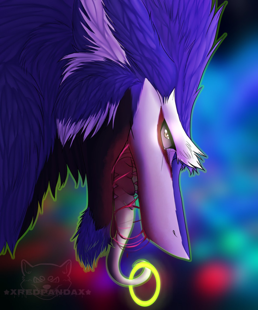 anthro black_body black_fur blood blue_body blue_fur blue_hair bodily_fluids facial_hair fluffy fur glowing goatee hair long_tongue looking_at_viewer male multicolored_body multicolored_fur simple_background solo tongue white_body white_fur xredpandax sergal digital_media_(artwork) hi_res shaded