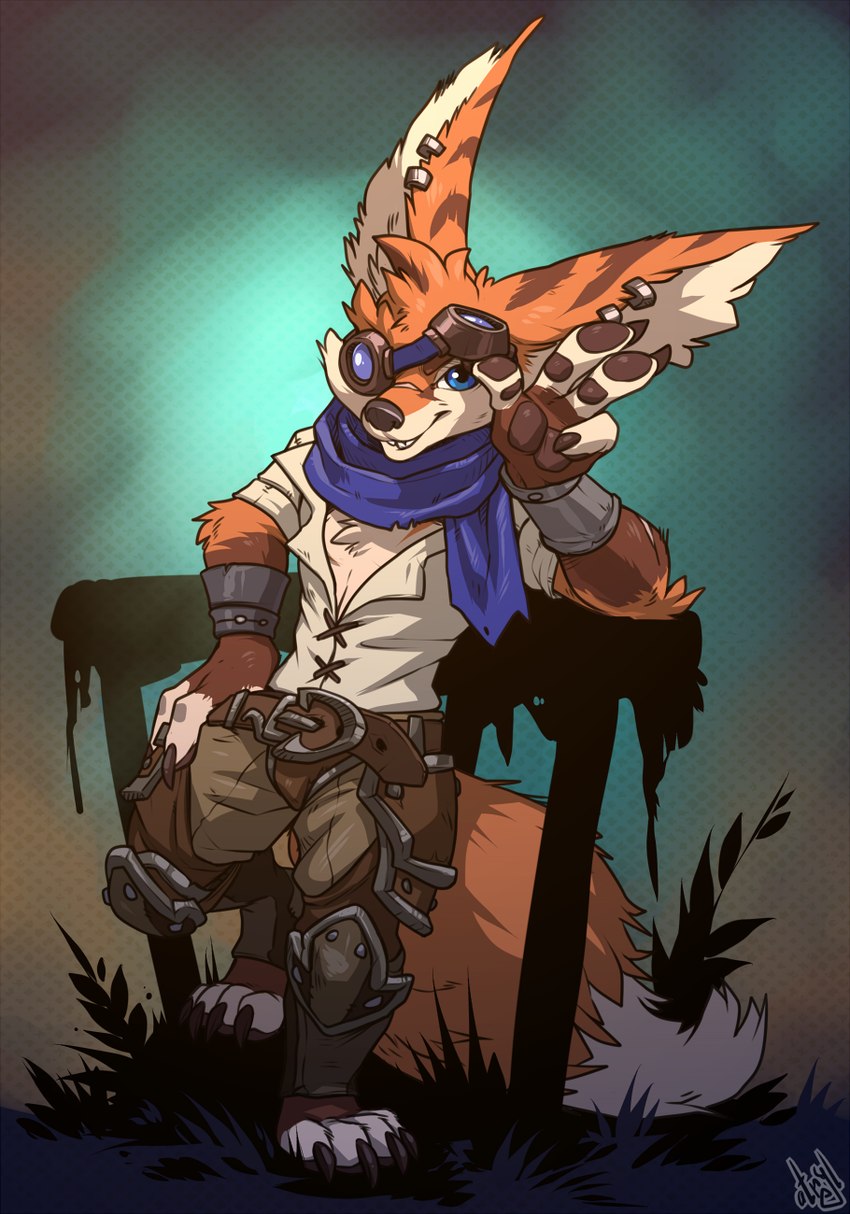 anthro armor claws clothed clothing eyewear goggles male pawpads piercing scar scarf smile smirk solo atryl blizzard_entertainment warcraft jasper_tinkerton canid canine fennec_fox fox mammal true_fox vulpera 2023 hi_res