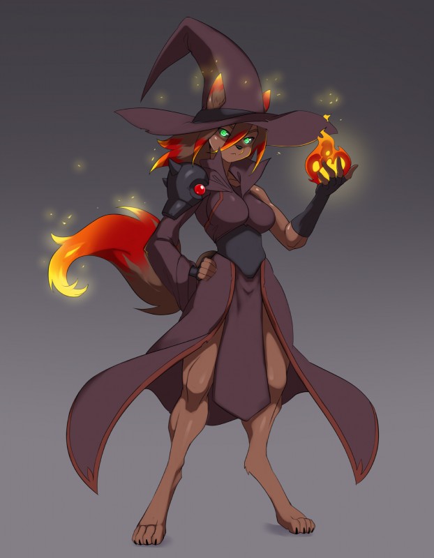 4_toes anthro barefoot big_hat black_sclera breasts claws clothed clothing digitigrade elemental_manipulation embers feet female fire fire_manipulation fur glowing glowing_eyes green_eyes hair long_hair looking_at_viewer magic_user simple_background solo toes witch ramudey caradhina canid canine canis mammal 2018 absurd_res digital_media_(artwork) hi_res