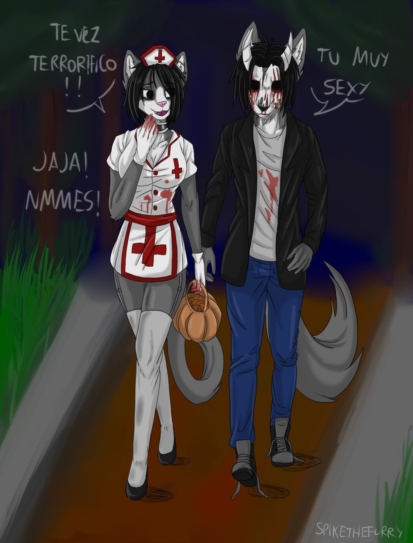 anthro black_hair blood bodily_fluids customer duo female fur grey_body grey_fur hair male male/female white_body white_fur spike_the_furry evelyne_(spikethefurry) spike_(spikethefurry) canid canine canis domestic_cat felid feline felis mammal wolf hi_res