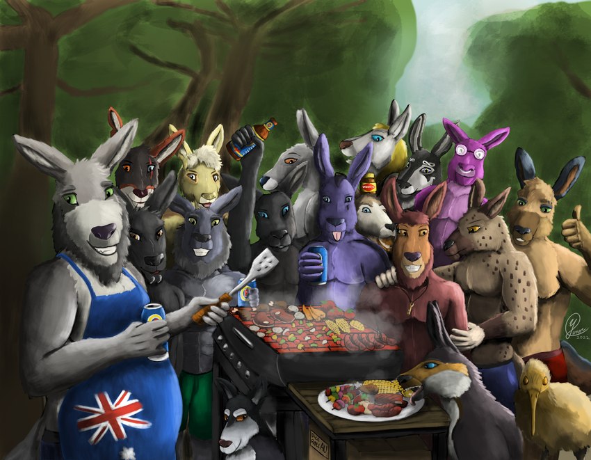 anthro australia barbecue facial_hair female food fur gathering grill group male markings outside party plant simple_background sky standing summer tree yenocwolf hex_(satanic-furry) infinite karlos_(character) kontra mo_(momamo) reyes_(sepulte) tterra wolfywetfurr yenoc avian bird kangaroo kiwi_(bird) macropod mammal marsupial ratite hi_res