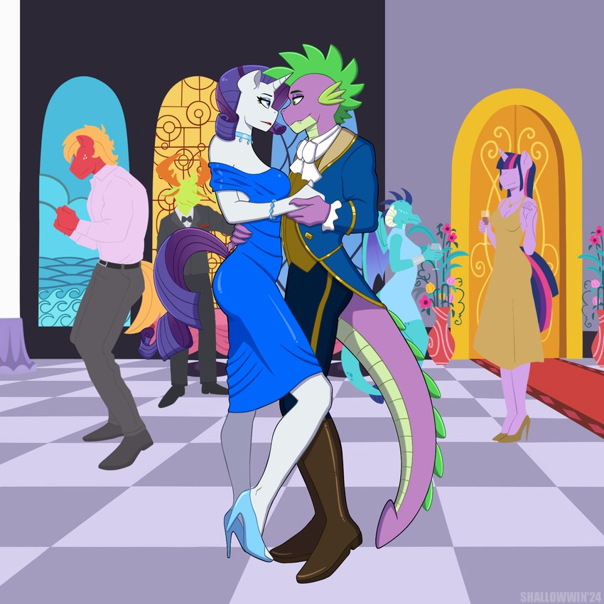 anthro anthrofied black_tie_(suit) boots bracelet choker clothing dancing dress female footwear fur high_heels horn jewelry male male/female mandibles necklace purple_body purple_scales scales shoes spikes suit tail white_body white_fur shallowwin friendship_is_magic hasbro my_little_pony mythology big_macintosh_(mlp) princess_ember_(mlp) rarity_(mlp) spike_(mlp) thorax_(mlp) twilight_sparkle_(mlp) arthropod changeling dragon earth_pony equid equine horse mammal mythological_creature mythological_equine mythological_scalie pony reformed_changeling scalie unicorn 1:1 hi_res