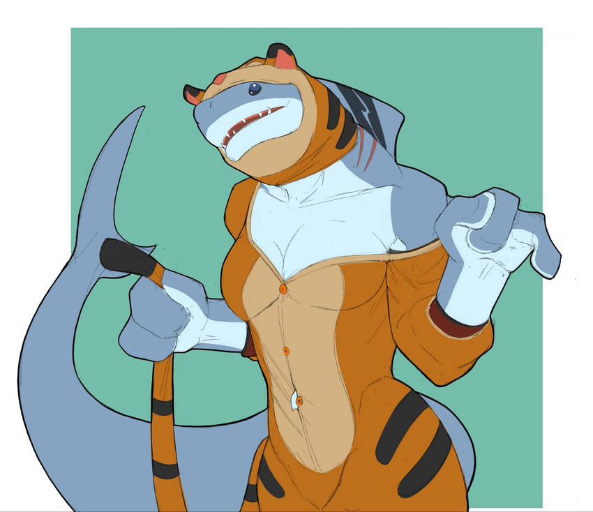 anthro black_eyes breasts clothing costume female fin gills grey_body grey_skin head_fin non-mammal_breasts sharp_teeth solo tail tail_fin tattoo teeth thick_tail tiger_costume f_draws selene_(f_draws) felid fish mammal marine pantherine shark tiger hi_res