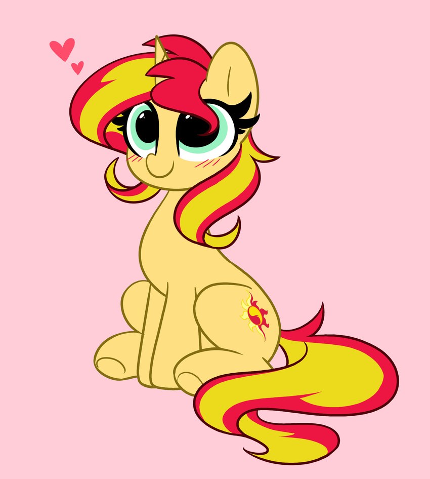 blonde_hair blue_eyes blush cutie_mark female feral hair heart_symbol hooves horn multicolored_hair pink_background quadruped red_hair simple_background sitting smile solo tan_body two_tone_hair kittyrosie equestria_girls friendship_is_magic hasbro my_little_pony mythology sunset_shimmer_(eg) equid equine horse mammal mythological_creature mythological_equine pony unicorn 2021 absurd_res hi_res