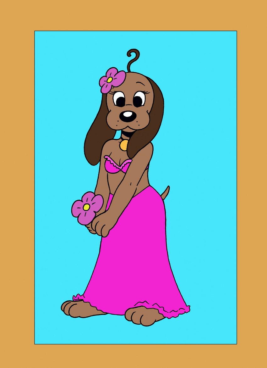 3_toes anthro bikini bikini_top clothed clothing feet female flower paws plant sarong simple_background solo swimwear toes two-piece_swimsuit young rockbaker pound_puppies pound_puppies_(1986) nose_marie_(pound_puppies) canid canine canis domestic_dog mammal digital_media_(artwork) hi_res