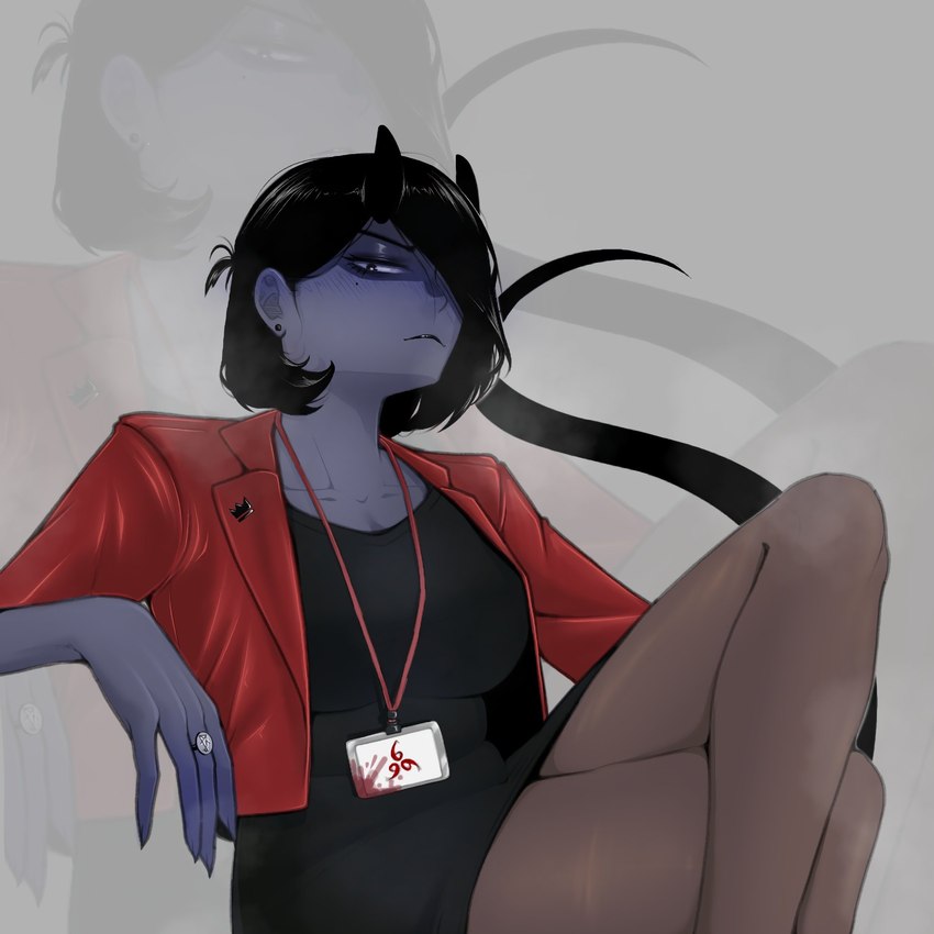 black_hair blue_body blue_skin clothing female hair horn jacket legwear long_tail office_clothing office_lady pride red_clothing red_jacket red_topwear short_hair solo tail thigh_highs topwear kurocchi131 demon humanoid hi_res