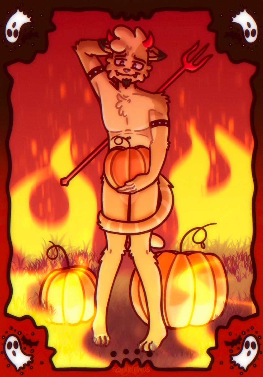 anthro devil_horns_(gesture) embarrassed fire food fruit fur gesture hair hand_gesture hell hell_fire holidays horn looking_at_viewer male multicolored_body multicolored_fur nude pitchfork plant pumpkin shy smile solo spade_tail tail tools solarlewds halloween eli_(solarlewds) demon felid feline ghost mammal spirit digital_media_(artwork) hi_res