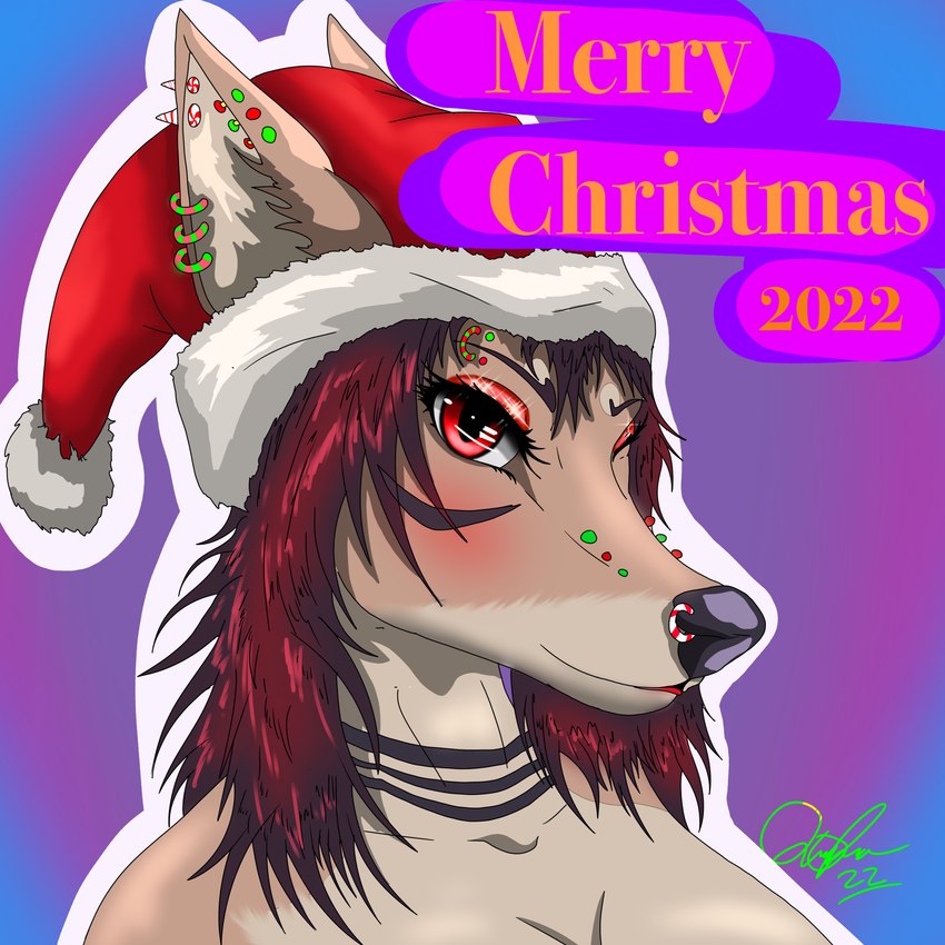 anthro blush christmas_clothing christmas_headwear clothing ear_piercing eyebrow_piercing eyeliner facial_piercing female festive festive_clothing fur fur_markings furgonomics furry-specific_piercing hair hat headgear headwear holidays lipstick makeup markings mascara multicolored_body multicolored_fur muzzle_piercing neck_markings nose_piercing piercing red_eyes red_hair santa_hat simple_background smile solo text lynxdts christmas lorelei_(lynxdts) canid canine canis hybrid mammal wagon(species) wolf 1:1 2022 absurd_res digital_media_(artwork) english_text hi_res