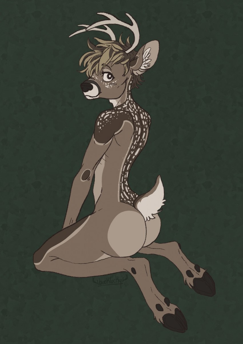 anthro antlers brown_body brown_fur brown_hair butt closed_smile facial_spots fur hair horn kneeling looking_at_viewer male mouth_closed nude simple_background smile solo spots spotted_back spotted_face spotted_shoulders tan_body tan_fur white_spots bucklucky lucky_(bucklucky) deer mammal new_world_deer white-tailed_deer full-length_portrait hi_res portrait signature trans_(lore) trans_man_(lore)