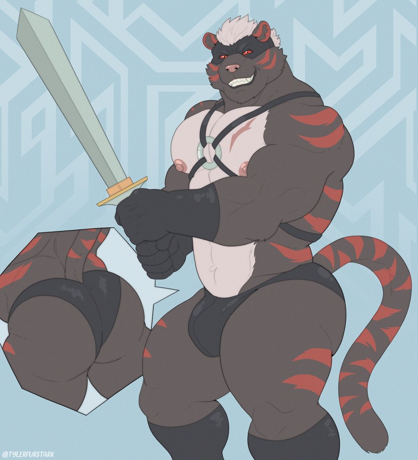 abstract_background anthro barazoku biceps big_bulge big_butt big_muscles black_body black_clothing black_footwear black_fur black_socks black_underwear blue_background boots bulge butt clothed clothing cutaway deltoids dialogue_box executioner footwear fur gloves hair handwear harness holding_melee_weapon holding_object holding_sword holding_weapon huge_bulge huge_butt huge_muscles knee_boots knee_highs leather leather_daddy legwear looking_at_viewer male mask melee_weapon muscular muscular_anthro muscular_male narrowed_eyes nipples pecs pupils red_sclera red_stripes scar shoes simple_background smile socks solo standing striped_body striped_fur stripes sword teeth thick_thighs thong topless topless_anthro topless_male triceps tuft underwear weapon wearing_mask white_hair tylerstark kuma_dothera felid mammal pantherine tiger 2022 absurd_res hi_res