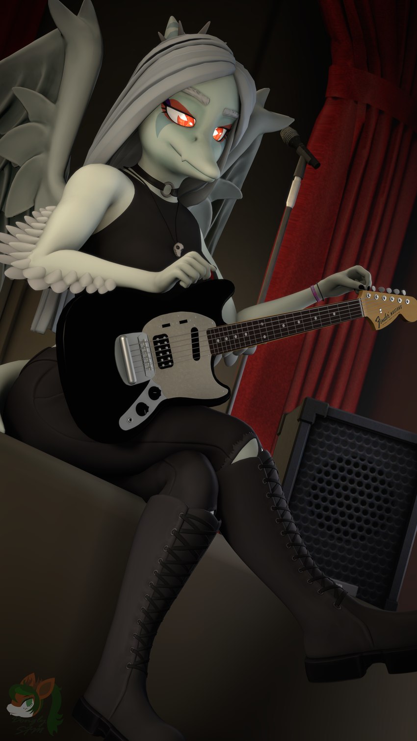 amplifier anthro boots clothing electronics female footwear guitar humbucker microphone musical_instrument plucked_string_instrument revamped_anthros shoes solo stage string_instrument wings donglysfm fender_musical_instruments_corporation fender_mustang goodbye_volcano_high fang_(gvh) dinosaur prehistoric_species pterodactylus pterosaur reptile scalie 3d_(artwork) 4k 9:16 absurd_res digital_media_(artwork) hi_res source_filmmaker_(artwork)