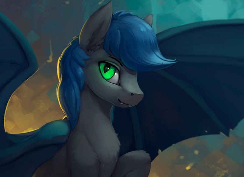 ambiguous_gender blue_hair fur green_eyes grey_body grey_fur hair looking_at_viewer membrane_(anatomy) membranous_wings smile solo wings rodrigues404 hasbro my_little_pony fan_character bat_pony equid mammal 2017