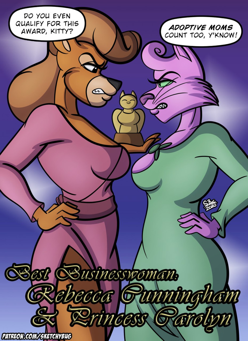 angry anthro award award_ceremony breasts clenched_teeth clothed clothing dialogue dress duo female looking_at_another mature_anthro mature_female speech_bubble teeth text victory_rolls sketchybug bojack_horseman disney netflix talespin princess_carolyn rebecca_cunningham bear domestic_cat felid feline felis mammal english_text hi_res