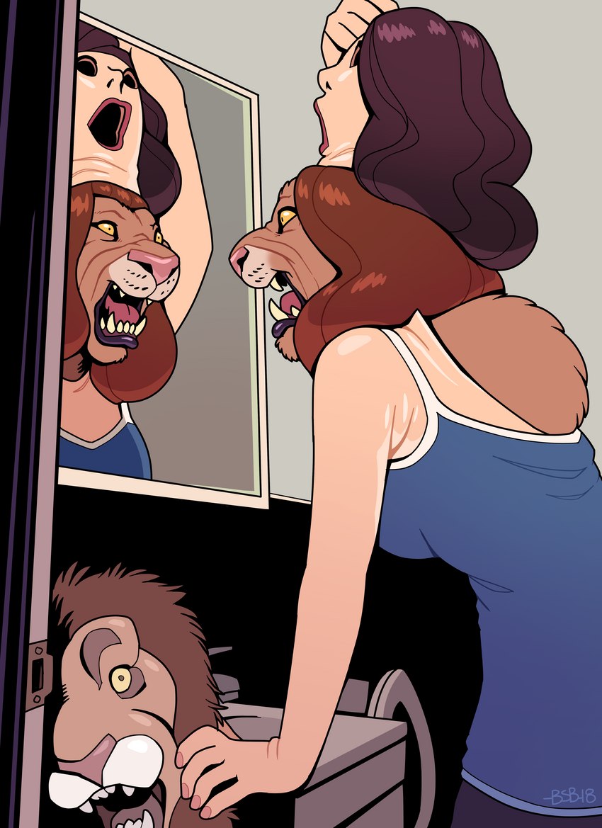 anthro blue_clothing blue_topwear breasts brown_body brown_fur brown_hair clothing female fur hair human_costume implied_transformation looking_at_reflection mirror open_mouth sink solo topwear what blackshirtboy felid lion mammal pantherine 2018 absurd_res digital_media_(artwork) hi_res