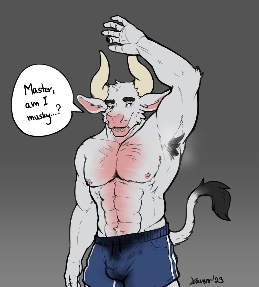 armpit_hair body_hair male musk solo text danero european_mythology greek_mythology minotaur_hotel mythology asterion_(minotaur_hotel) bovid bovine humanoid mammal minotaur absurd_res english_text hi_res