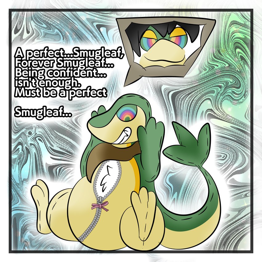 anthro cross-eyed hypnosis male mind_control ringed_eyes scarf solo speech_bubble suit_transformation text transformation transfurmation lightfurdragon nintendo pokemon astrail smugleaf_(character) animate_inanimate generation_5_pokemon pokemon_(species) snivy 1:1 absurd_res english_text hi_res