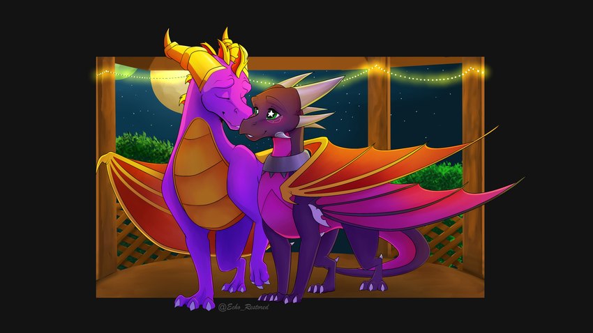 black_body blush claws cuddling date duo eyes_closed female feral green_eyes horn jewelry male moon multi_horn necklace night purple_body romantic tail wings eclipserestored activision spyro_the_dragon cynder spyro 16:9 2024 absurd_res digital_media_(artwork) hi_res signature widescreen