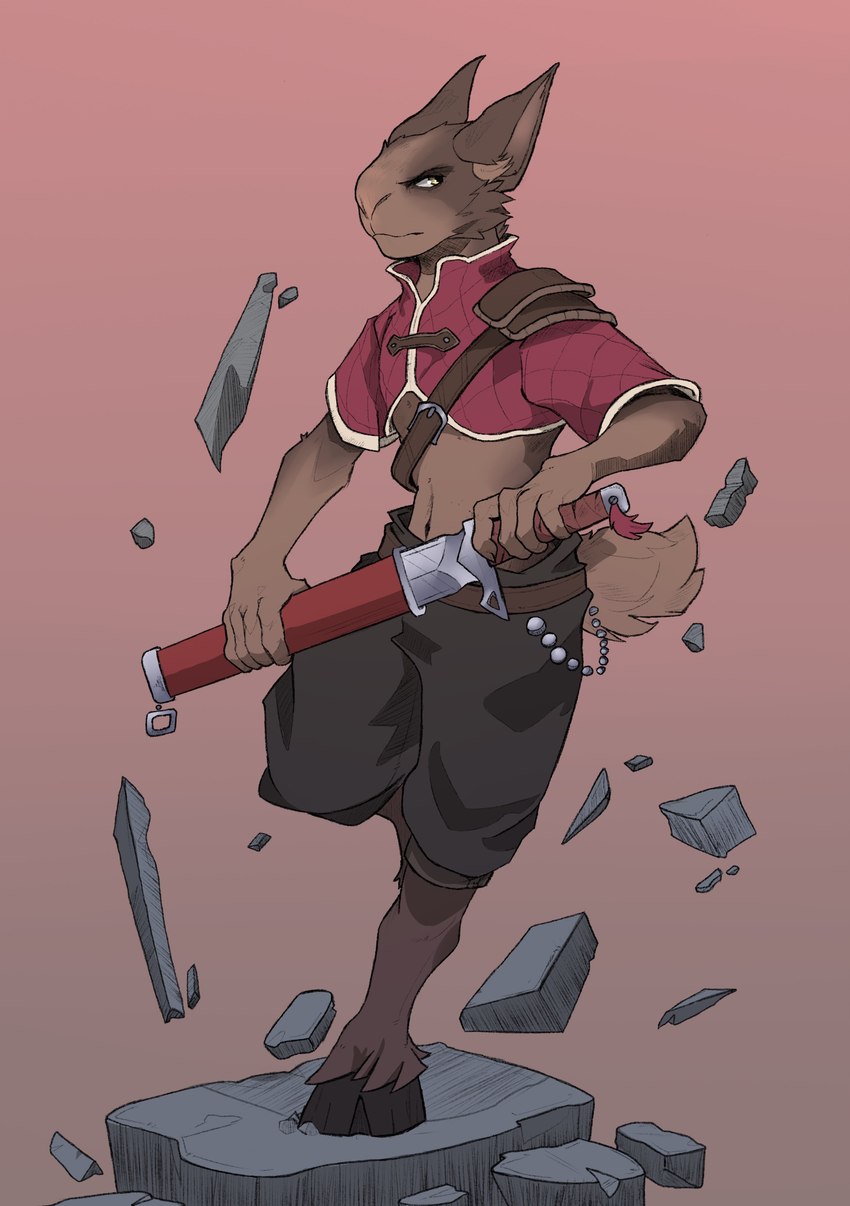 anthro belt biped bottomwear brown_body brown_fur clothed clothing crop_top fur holding_melee_weapon holding_object holding_weapon hooves male melee_weapon midriff navel pants scabbard shirt shoulder_pads simple_background solo sword tail topwear unsheathing_sword unsheathing_weapon weapon hyenamancer mammal unknown_species absurd_res digital_media_(artwork) hi_res